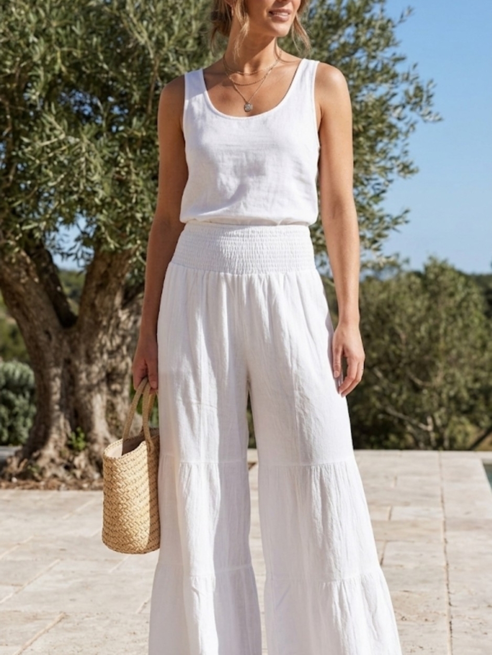 NWT TFY Collection White Cotton Tiered Wide Leg Pants with Bow Detail